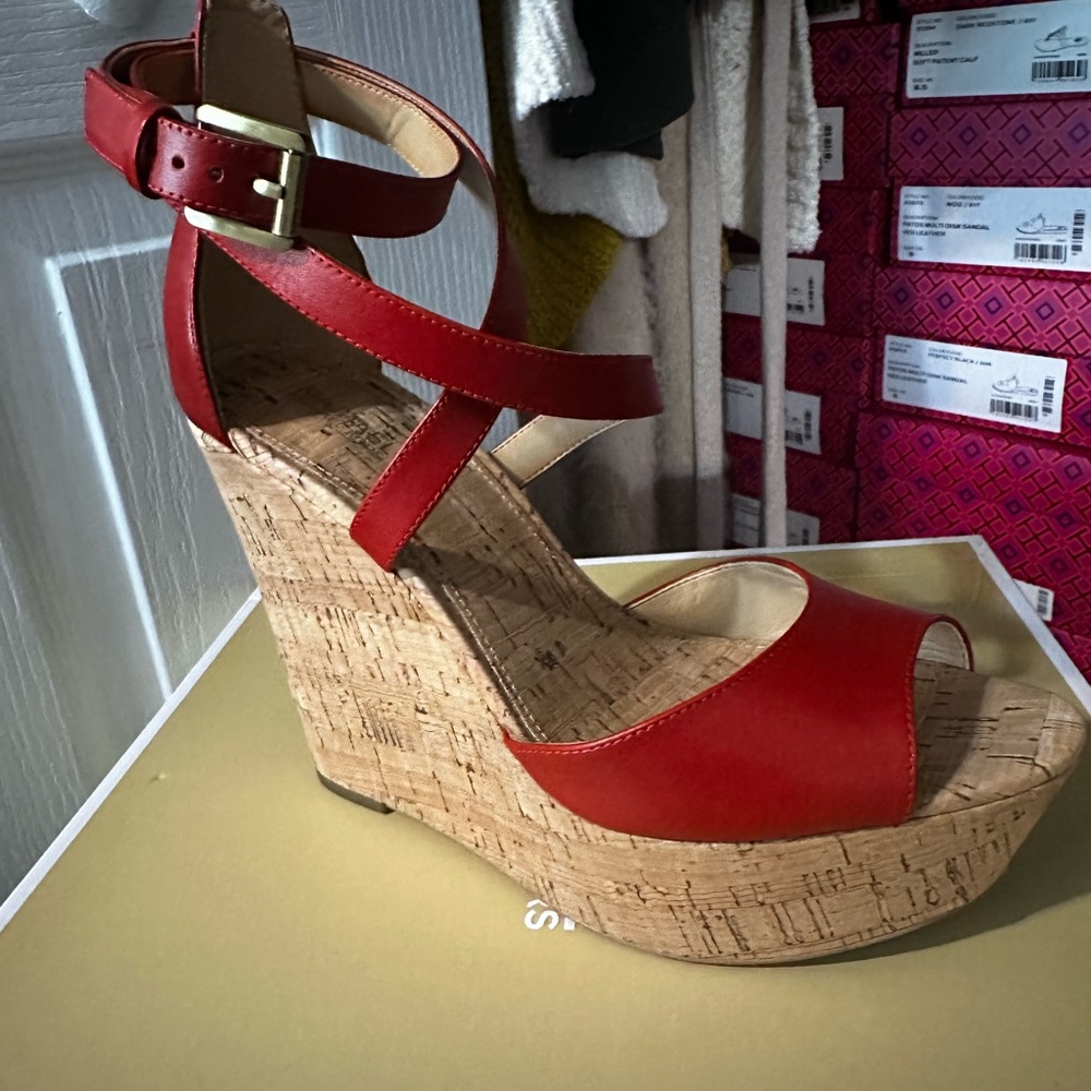 Michael Kors Red Wedge Sandals with Cork Heel